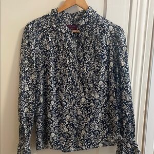 J. Crew Black and Blue Ruffled Long Sleeve Blouse
